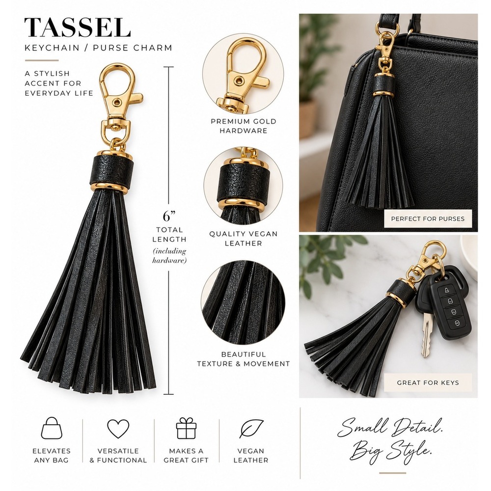 NEW Tassel Keychain Purse Charm OS Black Vegan Leather Gold Tone